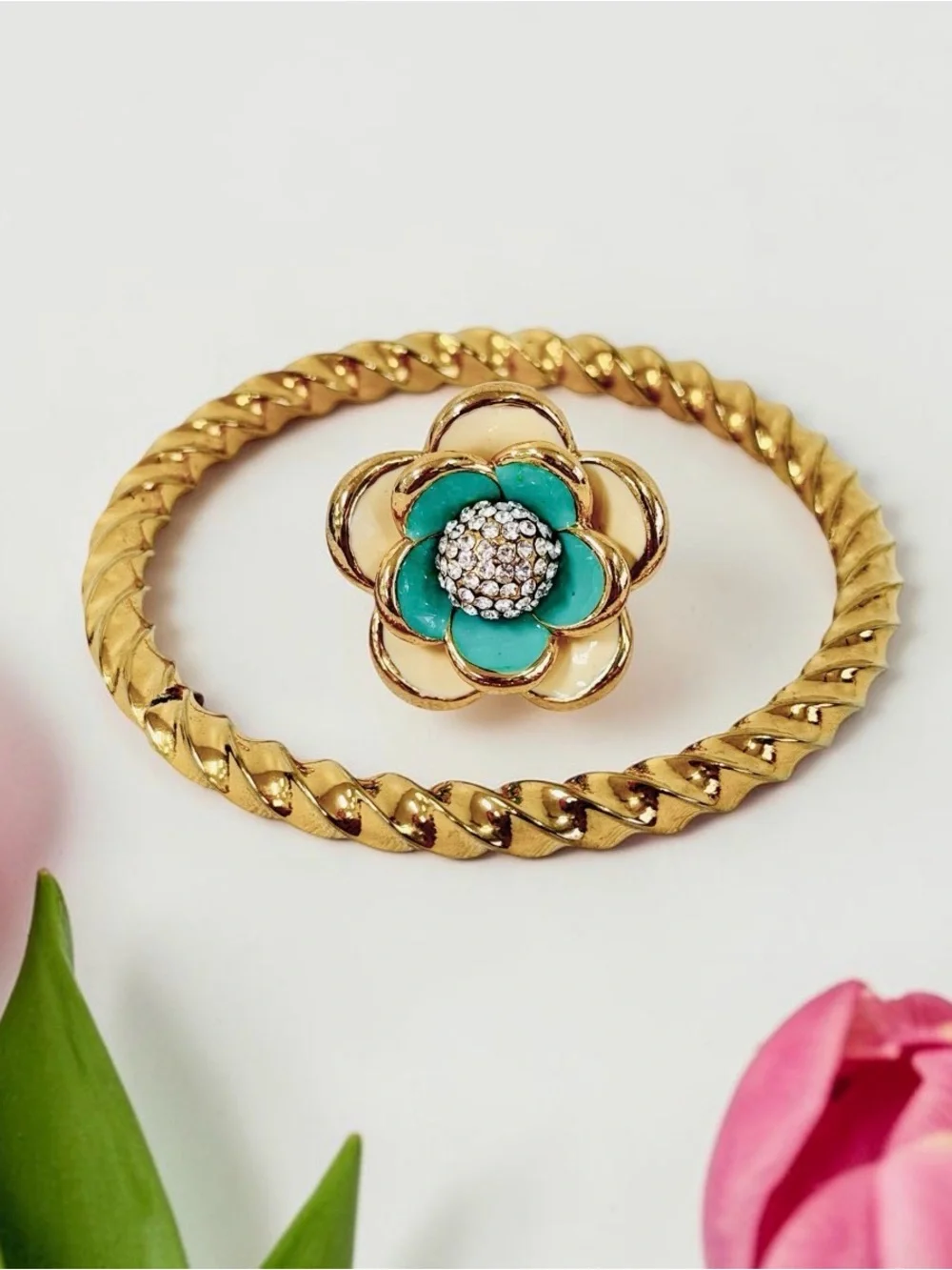 Jewelry Set-2 Turquoise Flower Adjustable Ring Gold Tone Twist Bangle Bracelet